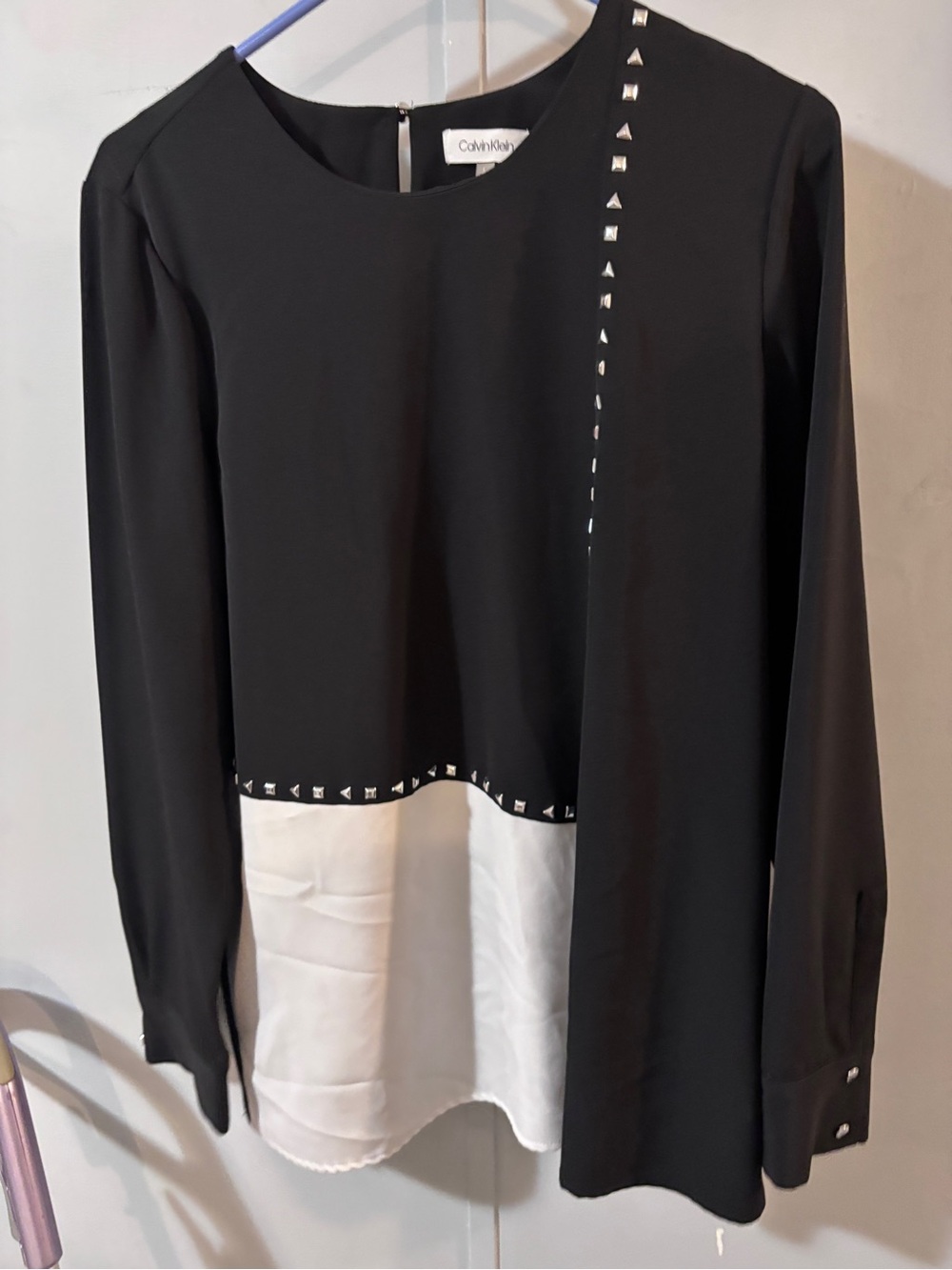 Calvin Klein Black and White Layered Stud-Trim Blouse